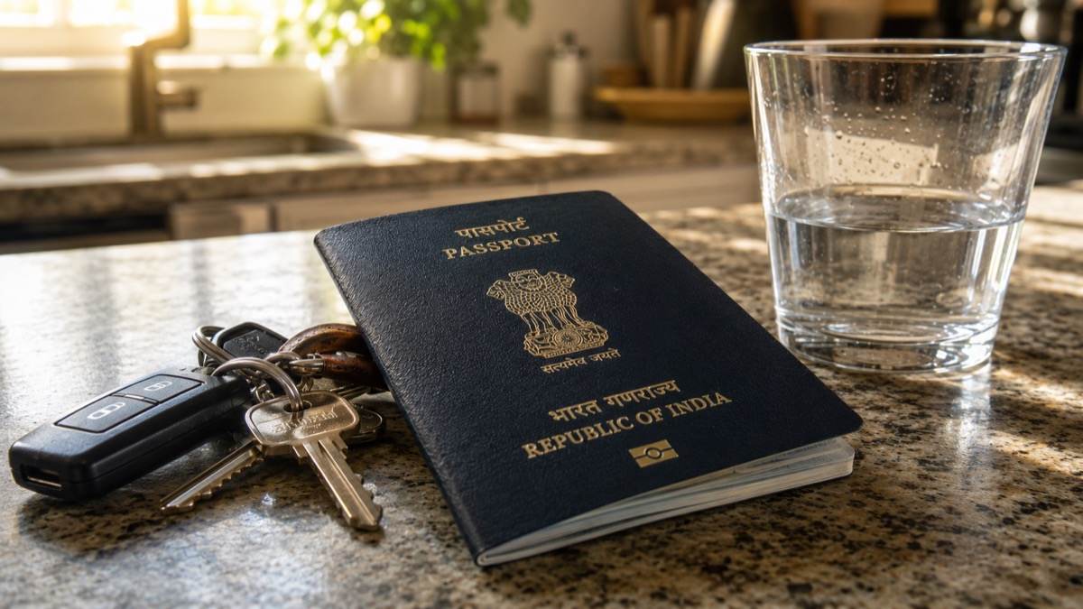 A passport and keys on a kitchen counter in morning light