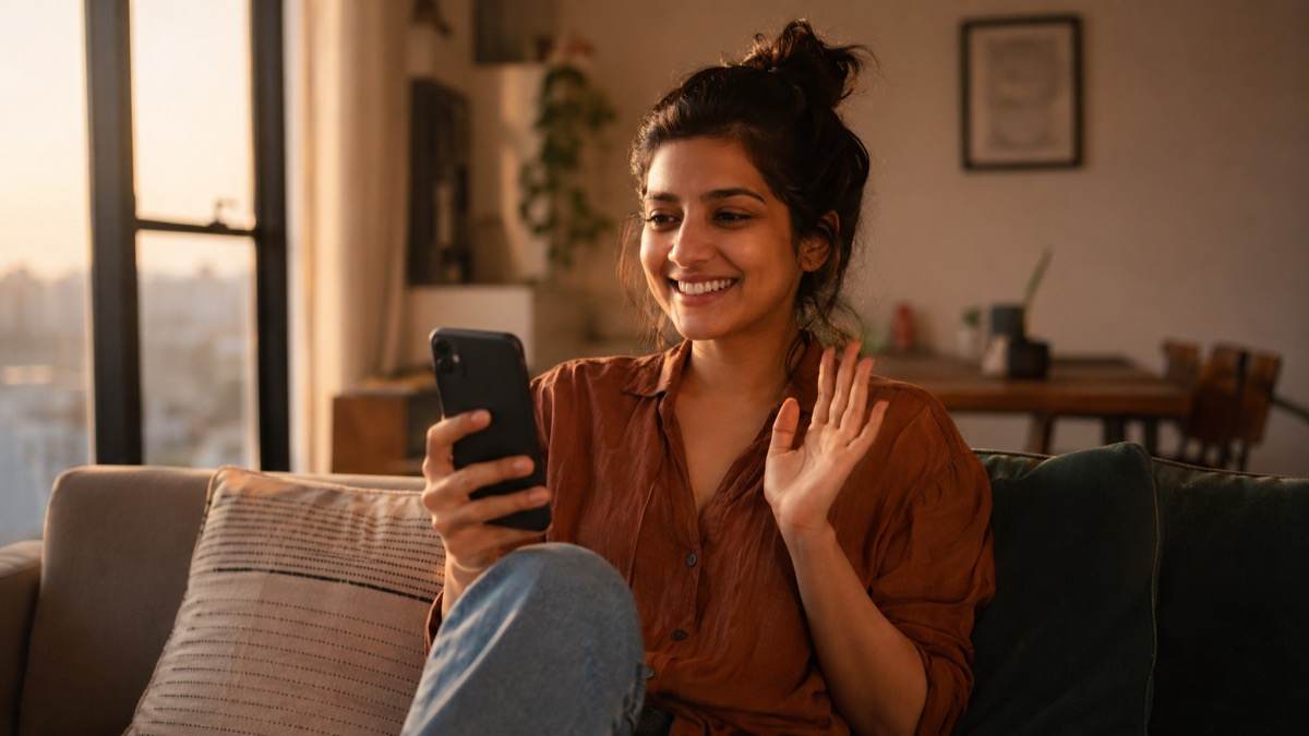 Woman smiling on a video call, waving at her phone