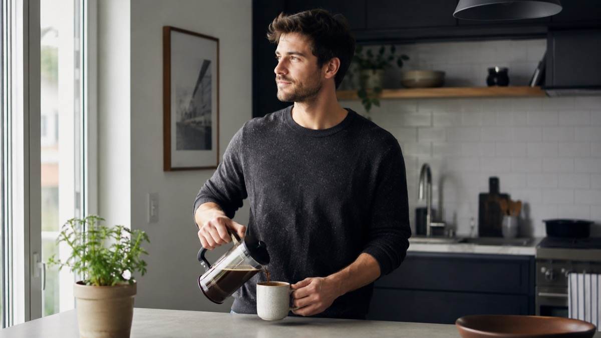 Man pouring coffee at home in the morning